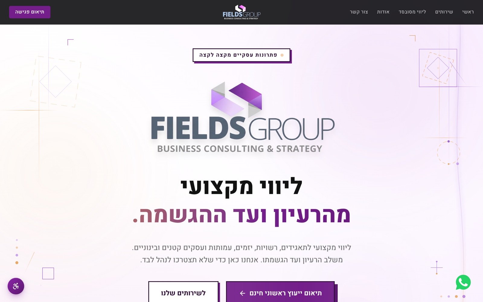 דף הבית של FieldsGroup: לוגו, כותרת ליווי מקצועי מהרעיון ועד ההגשמה וכפתורי פנייה